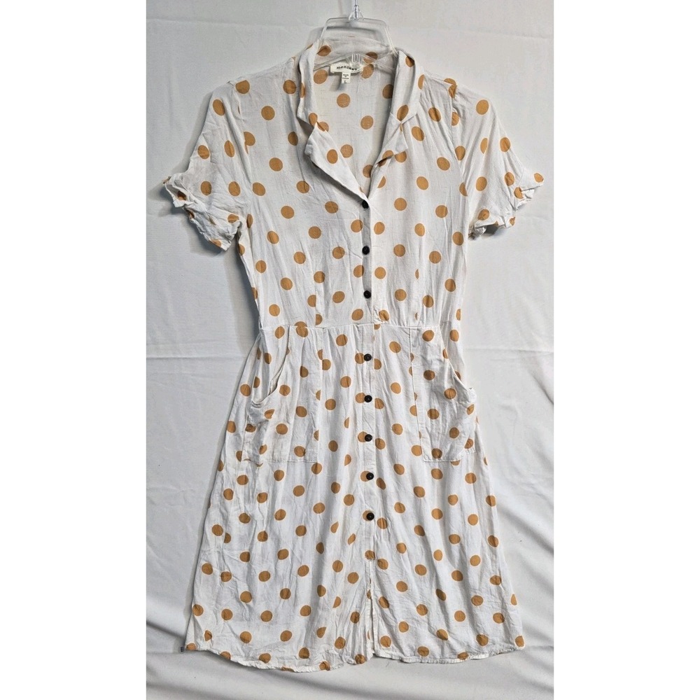 Monteau Women's Size L Cream Dress with Mustard Polka Dots Linen Blend